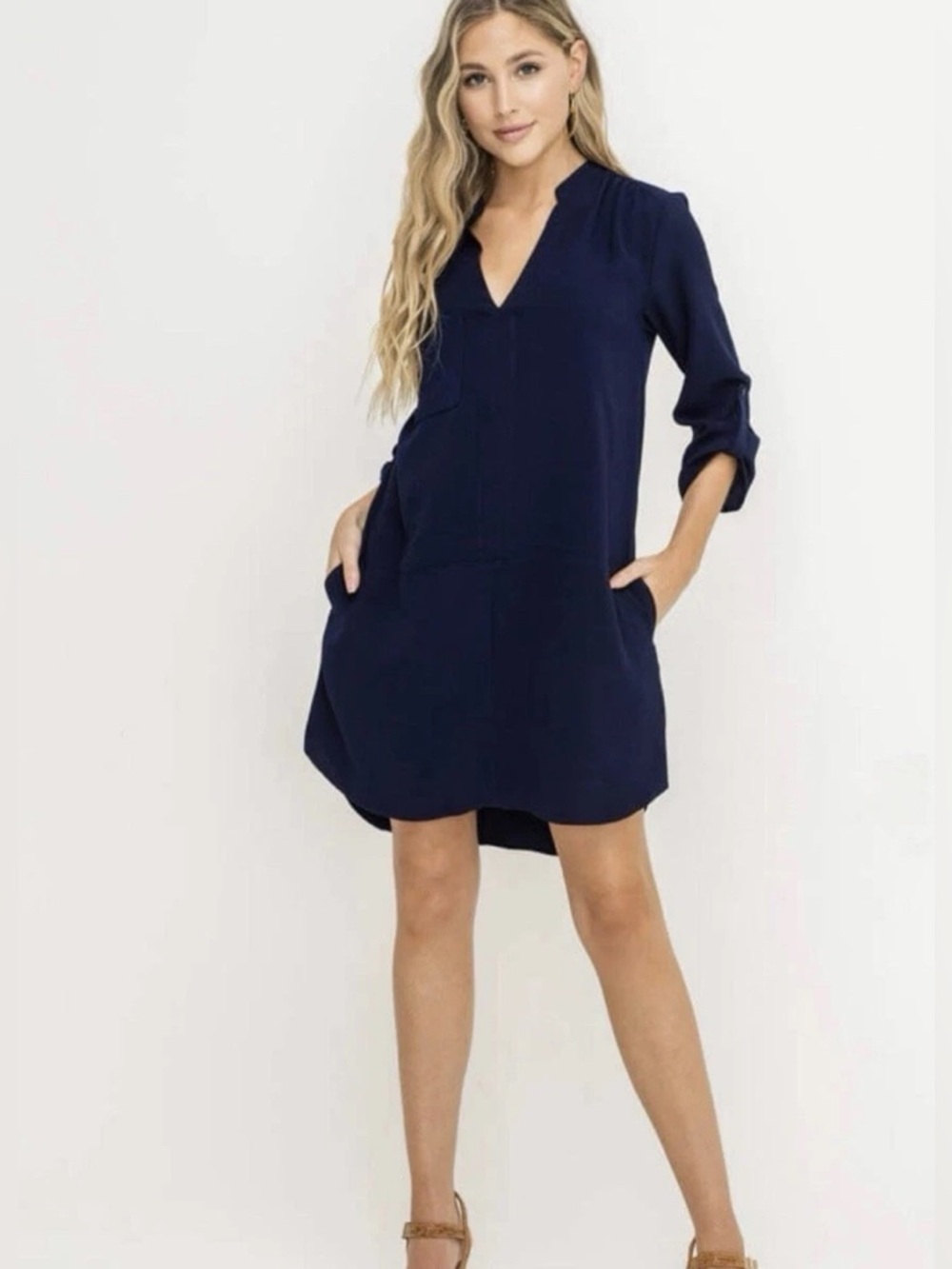 Lush Navy V-Neck Half Sleeve Shift Dress - Classic Women's Dress